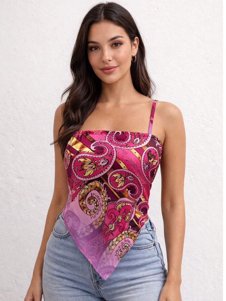 Women's Blue Print Scarf-Style Top With Back Tie And Thin Straps - Elegant Summer Fashion - 乾枯玫瑰色 - 查看 1