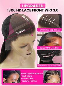 WOWANGEL 32英寸 13x6 超高密度 250% 直发蕾丝前假发，无缝真人发刘海假发，适合各种场合，如派对、毕业典礼、旅行、婚礼、游泳、度假和日常生活 - Natural Black - 查看 4