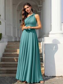 Elegant Sleeveless Chiffon Maxi Bridesmaid Dress With Asymmetric V-Neck And Ruched Details, Suitable For Wedding Guests - Teal Blue - View 4
