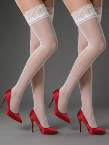 1 Pair Women's White Thigh High Stockings, Lace Trim Sheer Thigh Highs Silky Pantyhose With Silicone Non-Slip, Sexy Over-The-Knee Lace Socks For Summer Beach Holiday Birthday Party - Multicolor - View 1