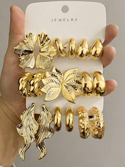 Set de 6/18 piezas de aretes de moda en tono dorado para mujeres, incluye flores para la oreja izquierda y derecha, flores de cinco pétalos, lágrima, corazón, diseños de pequeña forma de C, elegante y estiloso, adecuado para uso diario, reuniones y fiestas. Gran regalo para novias, madres.