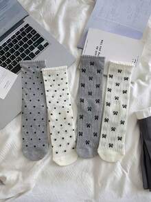 4 Pairs Ballet Style Ruffle Socks - Summer Thin Mid-Calf Socks, Quick Dry, Mesh Hollow Design, Bow/Polka Dot Socks, Elegant Ruffle Socks - Multicolor - View 5