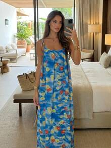 2026 Summer New Arrival French Elegant Gradient Loose Midi Beach Dress, Exclusive Travel Style Spaghetti Strap Dress For Women - Blue - View 7