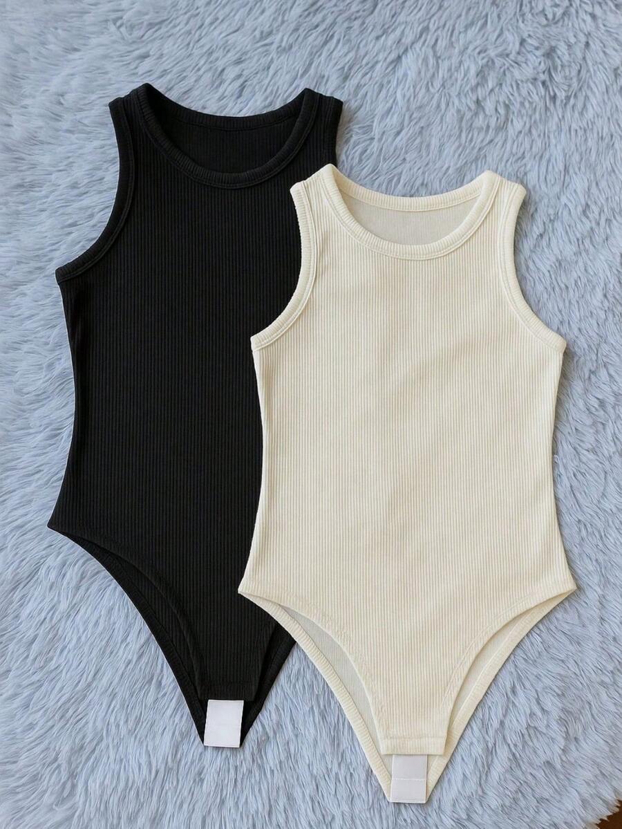Kit Of 2 Women's Ribbed Tank Top Bodysuits - Fashion 2025 - Black and White 2 - View 1