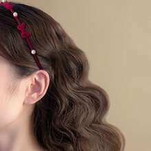 1件装女士天鹅绒蝴蝶结发箍，仙气优雅蝴蝶结发饰 - 酒紅色 - 查看 2