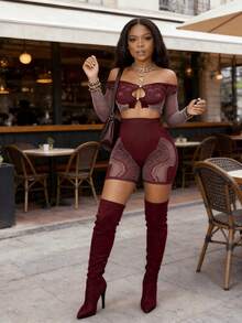 2026 Women's High-End Long-Sleeve Top And High-Waist Hollow-Out Fashion Shorts Set For Outerwear - 深棕色 - 查看 3