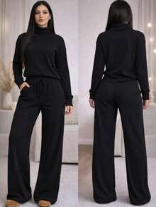 Comfy Set: Wide Leg Palazzo Pants With High Neck Blouse, Ruffle Detail, Casual Style With Pocket And Drawstring - Fashion 2026 - Black - View 3