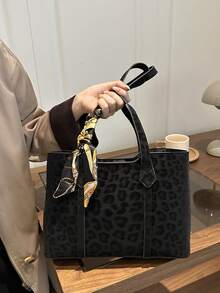 1 pieza Bolso de hombro de mujer de unicolor con estampado de leopardo, versátil y portátil de gran capacidad y lujo, adecuado para citas, compras, regalos, trabajo, viajes, incluye una bufanda delicada - Negro - Ver 3