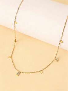 1pc Elegant Minimalist Gold-Tone Square Stainless Steel Necklace, Versatile Choker Necklace For Women, Suitable For Daily Wear, Valentine's Day Gift - Gold - View 4