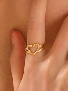 1 pieza Anillo abierto con forma de corazón chapado en oro de 18K de acero inoxidable, adecuado para uso diario de mujeres, citas, vacaciones, regalo - Dorado - Ver 6