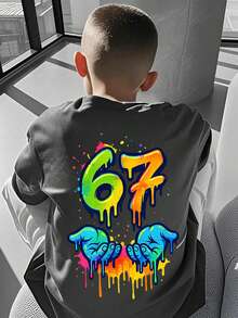 Tween Boy Colorful Creative Number 67 Print T-Shirt, Suitable For Casual, Streetwear, School, Events, Fashionable Boys' Summer Top - Dark Grey - View 5