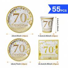 55/25/10pcs Gold Balloons 70th Birthday Happy Birthday Disposable Plates Napkins Cups, Disposable Party Supplies Set, Suitable For 10 Guests, Disposable Paper Plates Party Tableware Suitable For Birthday Wedding Theme Party Family Picnic - Style 6 - View 9