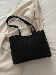 1 pieza Bolso de hombro de mujer de unicolor con estampado de leopardo, versátil y portátil de gran capacidad y lujo, adecuado para citas, compras, regalos, trabajo, viajes, incluye una bufanda delicada - Negro - Ver 10