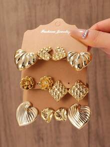 2-6 Pairs Gold Tone Earring Set, Instantly Elevate The Ambiance! Heart & Flower Designs, Sweet & Chic, Suitable For Daily Commute Or Dates - Gold - View 1