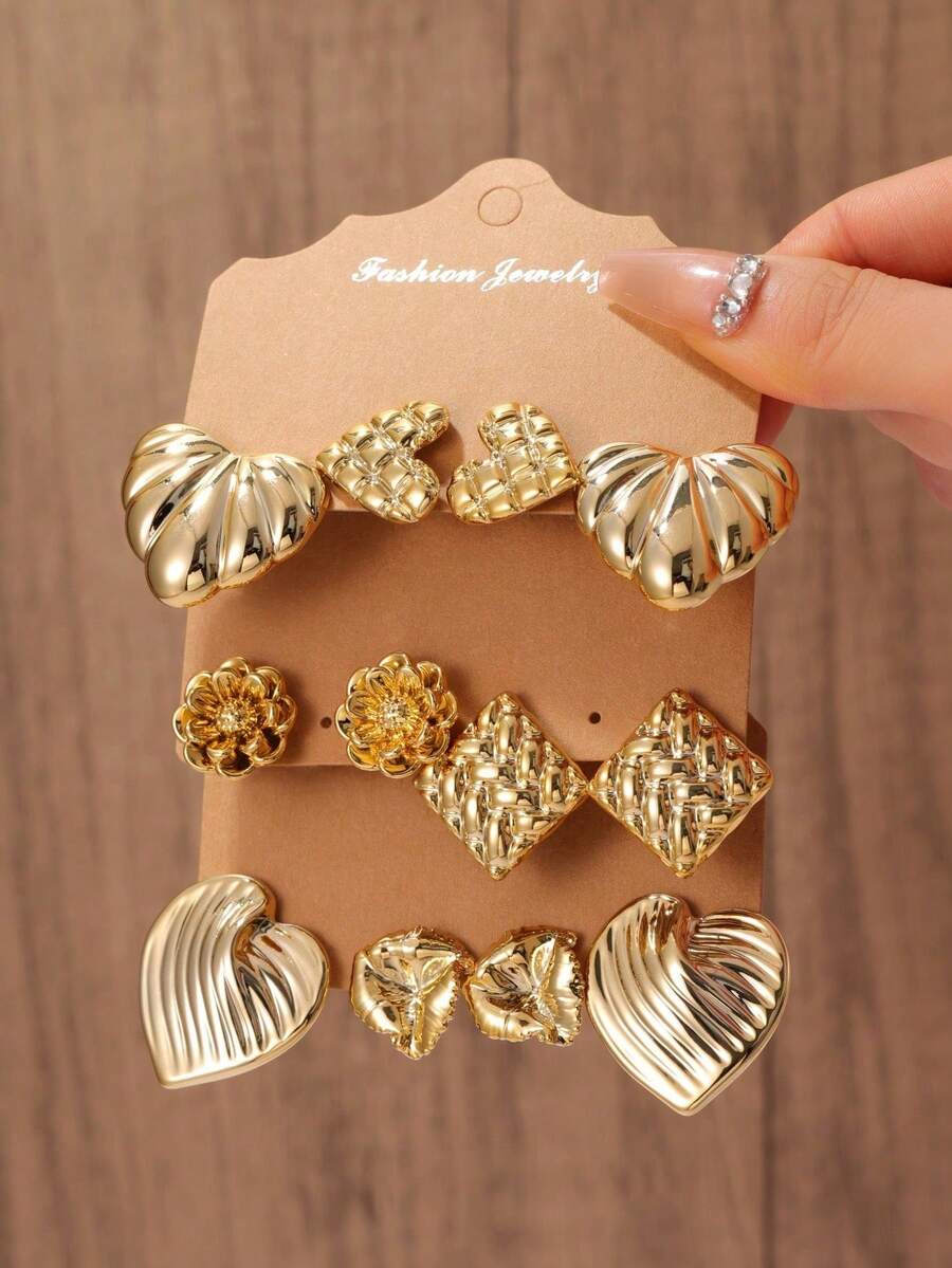 2-6 Pairs Gold Tone Earring Set, Instantly Elevate The Ambiance! Heart & Flower Designs, Sweet & Chic, Suitable For Daily Commute Or Dates - Gold - View 1