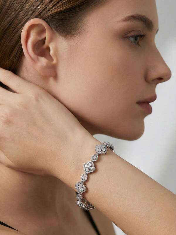 1 Set Luxury Elegant Cubic Zirconia Flower Design Bracelet, Suitable For Women's Wedding & Party Wear, Excluding Gift Box