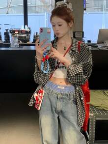Spring/Summer Korean Retro Red Plaid Loose Casual Collared Shirt For Women Black - Black - View 4