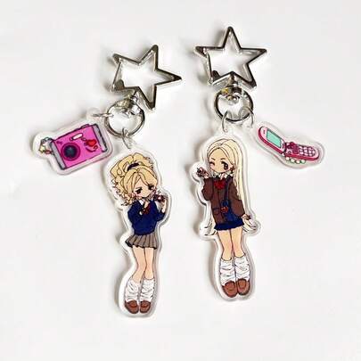 1个原创可爱长发女孩休闲时尚亚克力钥匙扣，适合送给女朋友，也适合派对、学校、公司活动、节日礼物。