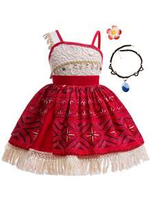 Disfraz de aventura para niñas, vestido de princesa para fiesta de cumpleaños de niñas, vestido con flecos con collar y pasador para el cabello - Rojo - Ver 15