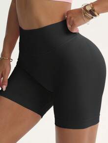 Flawless Y2K-Style Dopamine Shorts, With Super Elastic Fabric For Curve Sculpting, Butt Lifting & Tummy Tucking. 90% Premium Nylon, 10% Flexible Spandex. Fashionable & Ideal For Daily, Sports, Fitness & Yoga.Plus Size High-Waisted Tummy Control Black Shorts - Hidden Scrunch Butt Lift, Tight Fit - Black - View 3