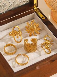 Set de 6 anillos de acero inoxidable con diseño geométrico de líneas y flores, adecuado para uso diario de mujeres - Dorado - Ver 5