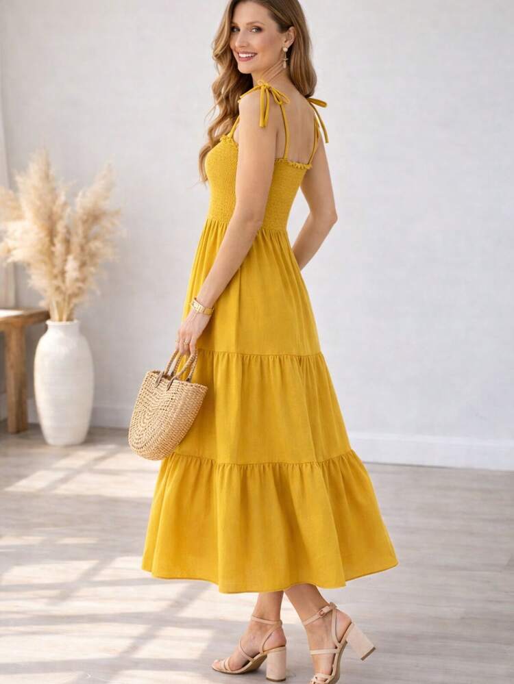 Floral Maxi Dress – Elegance And Comfort - Màu Mù tạt vàng - Xem 3
