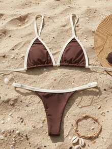 Women's Bikini With Adjustable Straps (Sizes: S/M/L/XL) Backless Tie-Front Beach Vacation No Padding Tan Lines Adjustable Bottom - Brown and Beige - View 1
