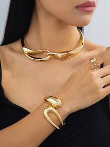 Bộ trang sức cao cấp, thanh lịch gồm vòng tay, dây chuyền và bông tai bằng hợp kim hình học, thích hợp cho các lễ hội, tiệc tùng, hẹn hò, là món quà sang trọng dành cho bạn gái. - Vàng - Xem 31