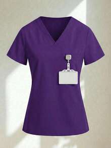 Conjunto uniforme médico quirúrgico set 2 piezas dama mujer manga corta cuello v pantalón jogger resorte cordón cómodo - Morado - Ver 3