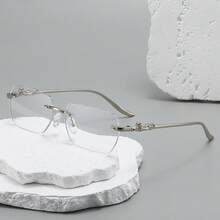 1 Pair Men's Silver Asymmetric Rimless Metal Fox Elegant Stylish Flat Glasses, New Arrival For Spring - Silver - View 5