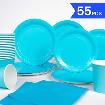 Bộ đồ dùng tiệc dùng một lần màu xanh nhạt gồm đĩa, khăn ăn và cốc - dành cho 10 người, thích hợp cho sinh nhật, đám cưới, tiệc theo chủ đề, dã ngoại gia đình.