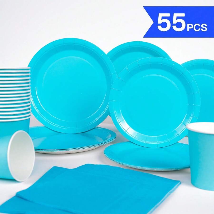 Bộ đồ dùng tiệc dùng một lần màu xanh nhạt gồm đĩa, khăn ăn và cốc - dành cho 10 người, thích hợp cho sinh nhật, đám cưới, tiệc theo chủ đề, dã ngoại gia đình. - Kiểu 5 - Xem 1