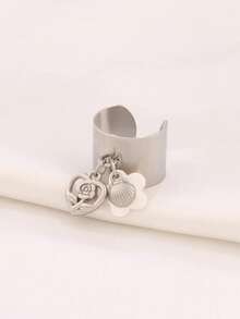 1 pieza Anillo redondo de joyería impermeable para mujer con colgante de acero inoxidable en forma de rosa y corazón, flor dorada y concha - anillo - Ver 8