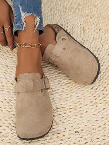 Women's Suede Mule Slippers, Casual Shoes, Flat Slippers, With Metal Buckle Decoration, Round Toe, Non-Slip Rubber Sole, Suitable For Spring And Summer Home Wear And Outdoor Vacations - 卡其色 - 查看 4