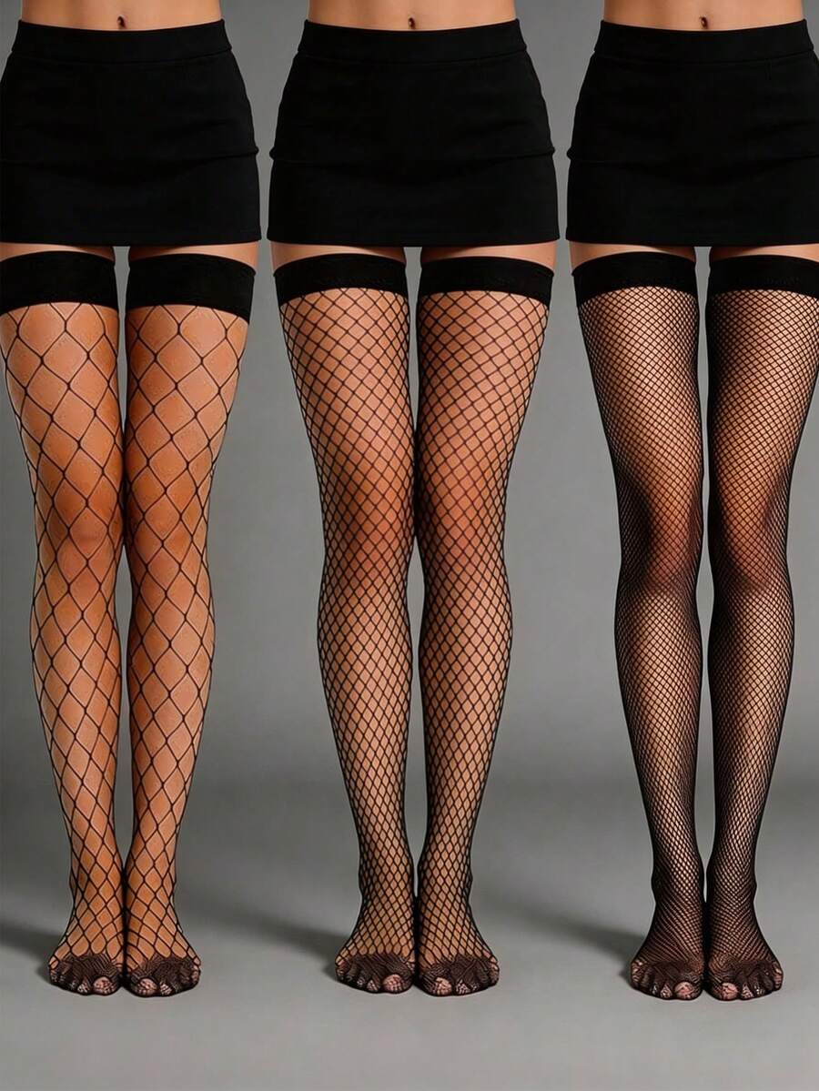 3 Pairs Women's Black Thigh High Fishnet Stockings, Elastic Mesh Socks, Summer Travel Essential Gift - Multicolor - View 1