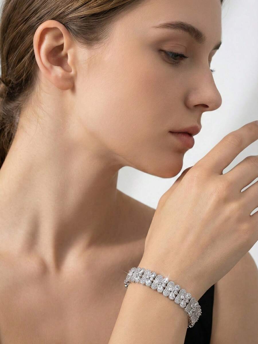 1 Set Luxury Elegant Cubic Zirconia Wheat Design Bracelet, Suitable For Women's Wedding & Party Wear, Excluding Gift Box - Silver - View 1