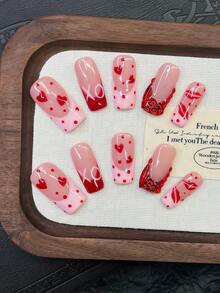 10片装Y2K风格管道形美甲贴片套装 - 手工制作，粉色美甲，红色美甲，粉红法式美甲，手绘红色波点、红色之吻和红色爱心图案设计，闪亮红色水钻装饰手工美甲贴片 - 彩色 - 查看 11
