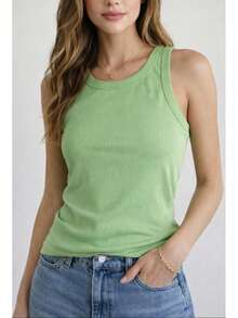 Women's Basic Ribbed Premium Sleeveless Tank Top, Comfortable, Fitted To The Body, Casual, Gym, Everyday, Women's Fashion - 橄欖綠 - 查看 1