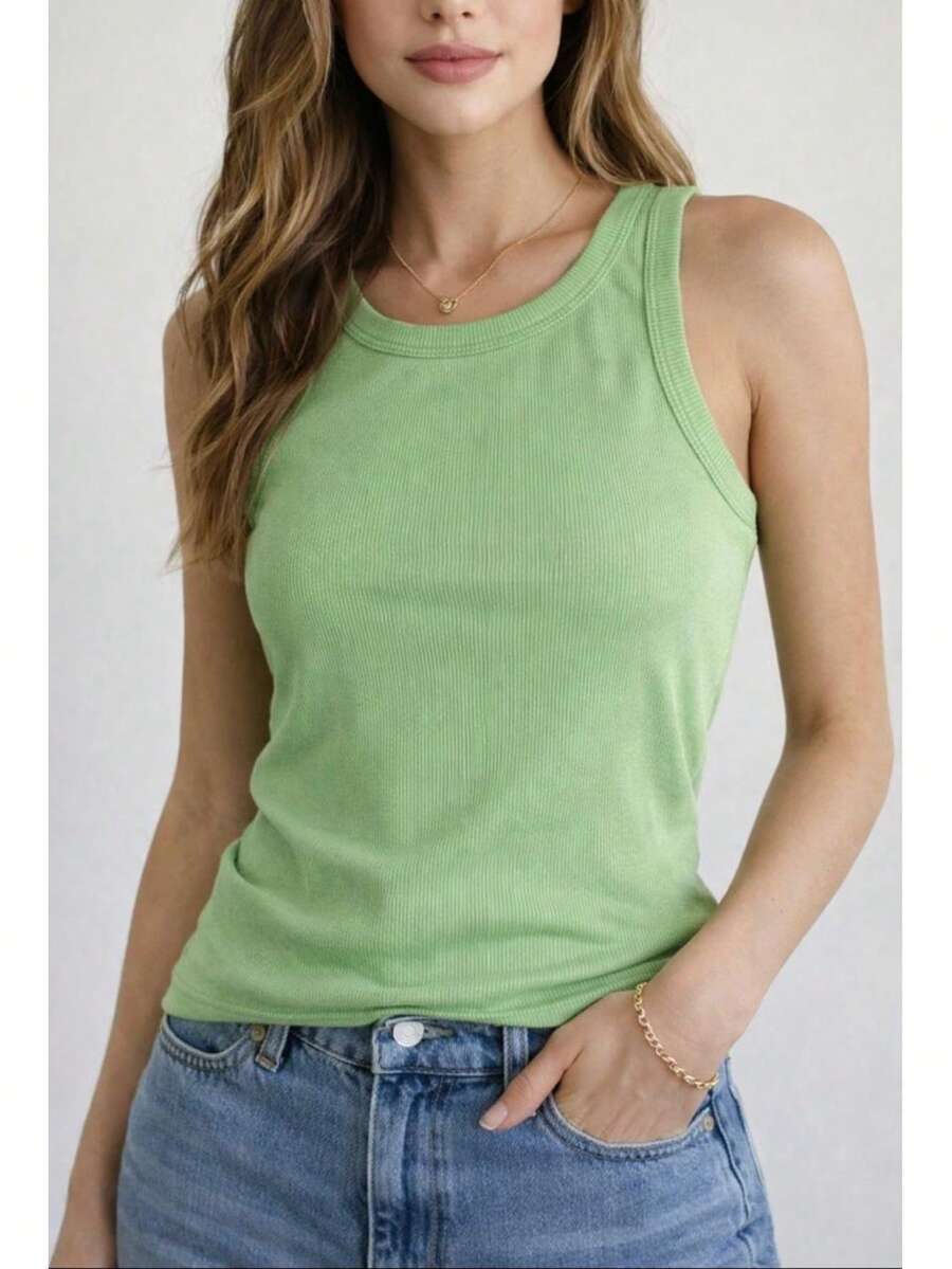 Women's Basic Ribbed Premium Sleeveless Tank Top, Comfortable, Fitted To The Body, Casual, Gym, Everyday, Women's Fashion - 橄欖綠 - 查看 1