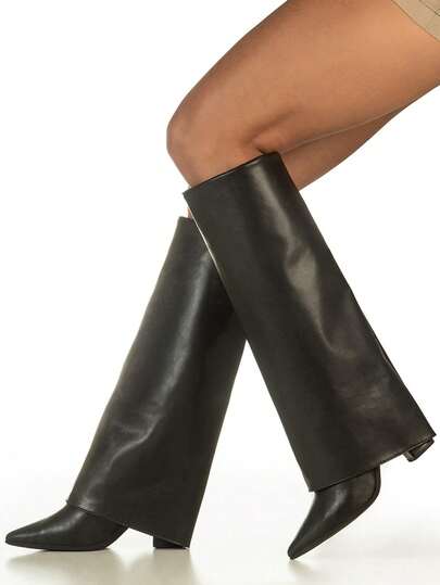  Bota Capa Feminina Cano Longo Salto Alto Bloco Bico Fino Elegante Estilo Moda GiGiL