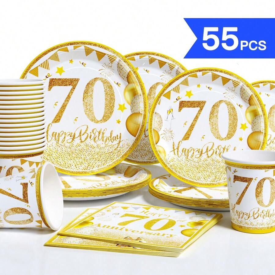 55/25/10pcs Gold Balloons 70th Birthday Happy Birthday Disposable Plates Napkins Cups, Disposable Party Supplies Set, Suitable For 10 Guests, Disposable Paper Plates Party Tableware Suitable For Birthday Wedding Theme Party Family Picnic - Style 6 - View 1