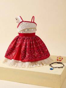 Disfraz de aventura para niñas, vestido de princesa para fiesta de cumpleaños de niñas, vestido con flecos con collar y pasador para el cabello - Rojo - Ver 4