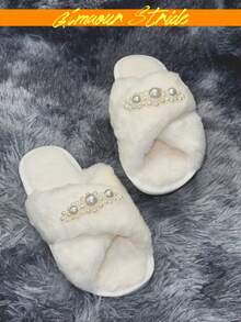 舒适保暖的女士卧室拖鞋，优雅仿珍珠平底套脚拖鞋，毛绒室内家居鞋，简约防滑，四季皆宜 - 交叉白 - 查看 5