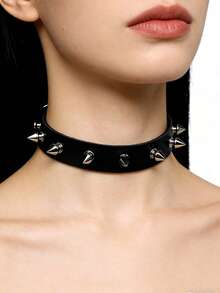 朋克哥特风铆钉手镯金属镶钉腕带项链可调节 - 黑色 - 查看 2