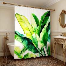 Tenda da doccia in stile acquerello con foglie di banana, foglie di palma tropicali verdi su sfondo bianco, tenda da doccia impermeabile in poliestere con ganci, decorazione da bagno bohémien tropicale per la casa, accessorio da bagno in stile vacanza estiva - Verde smeraldo - Visualizzare 2
