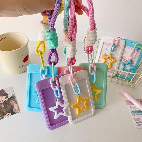 2D Single Colorful Card Holder, Name Card Holder, Name Tag, Sliding 3-Inch Card Sleeve With Lanyard, Idol Fan Card Holder, Macaron Color Girly Idol Fan Card Organizer, Name Card Protective Case, With Star Accessories, Suitable For Friends/Family/Partner Birthday Gifts, Back To School Season
