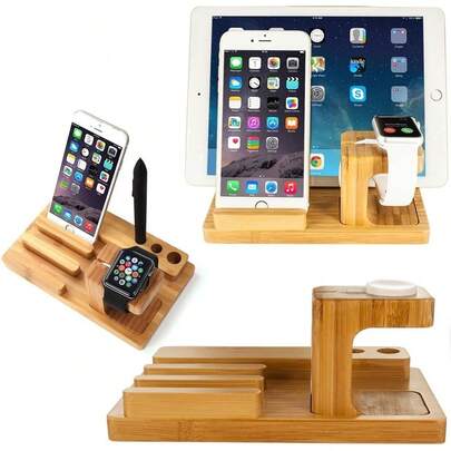 NETONBOX.COM Soporte 3 en 1 de Bambú Para Smartphone, Relojes SmartWatch Y Tabletas. Soporte de Carga Para Dispositivos Moviles