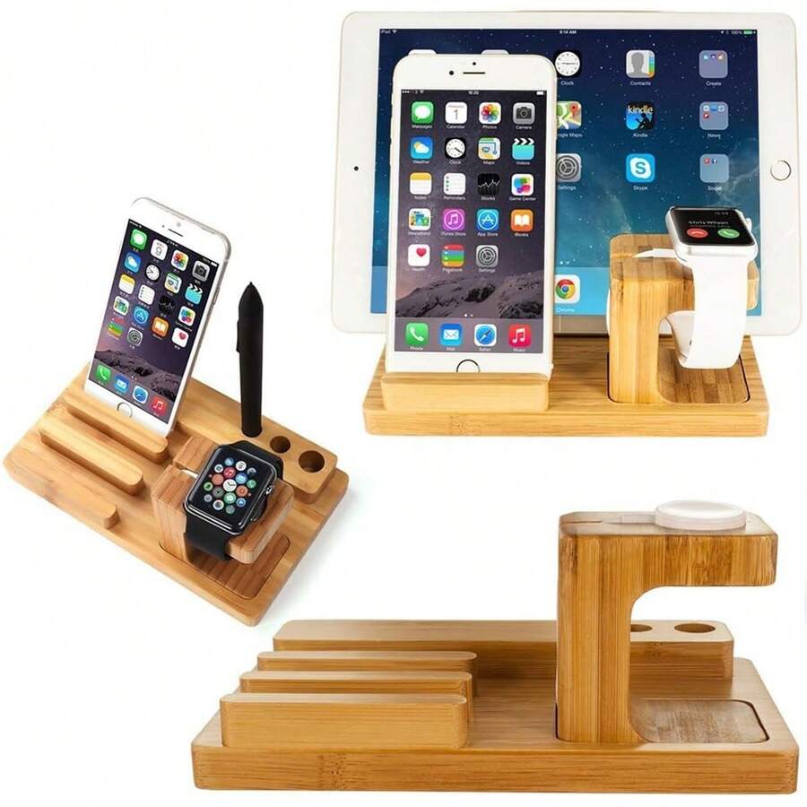 NETONBOX.COM Soporte 3 en 1 de Bambú Para Smartphone, Relojes SmartWatch Y Tabletas. Soporte de Carga Para Dispositivos Moviles - Caqui - Ver 1