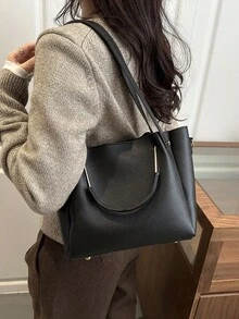 1个女士时尚通勤纯色单肩包，便携多功能大容量单肩包，适合约会、购物、外出、工作等场合。 - 黑色 - 查看 5