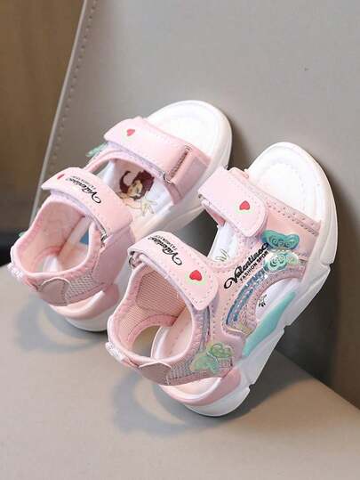 Toddler Girls' Princess Sandals - Adjustable Hook & Loop Closure, Cute Cartoon Print, Sparkling Butterfly Decor, Comfortable Thick Sole Summer Shoes